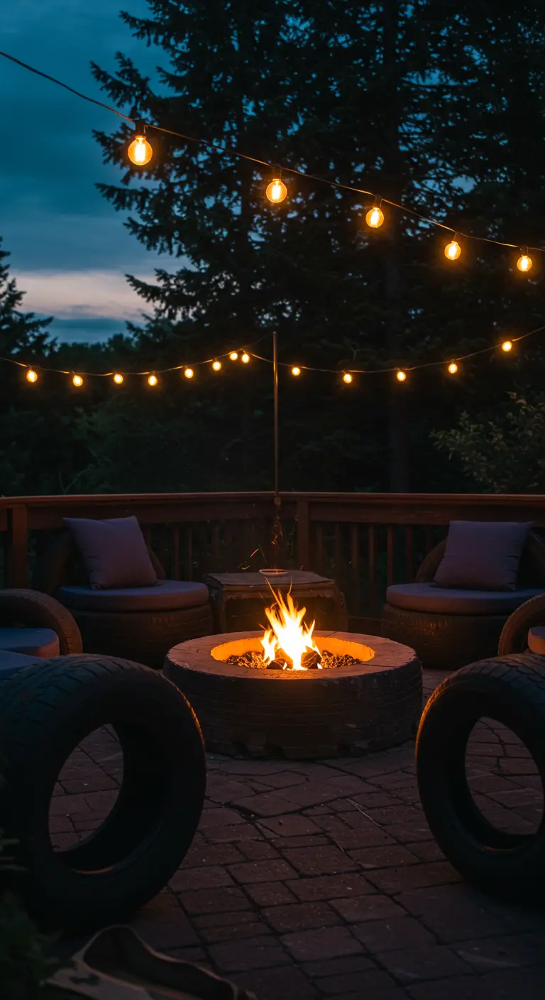 A fire pit made from a tire sits on a deck, surrounded by tire chairs and string lights.