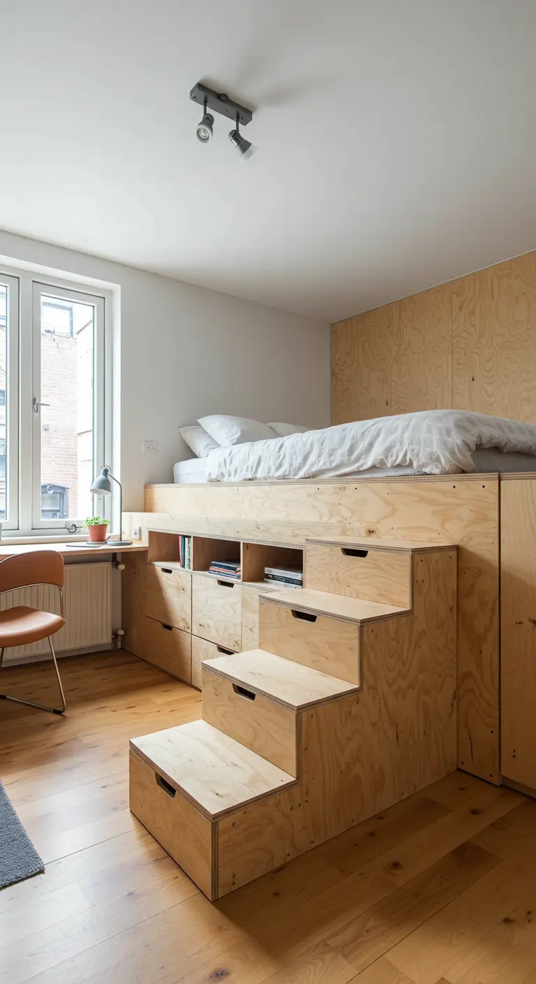A loft bed made of light plywood with built-in storage drawers in the stairs.