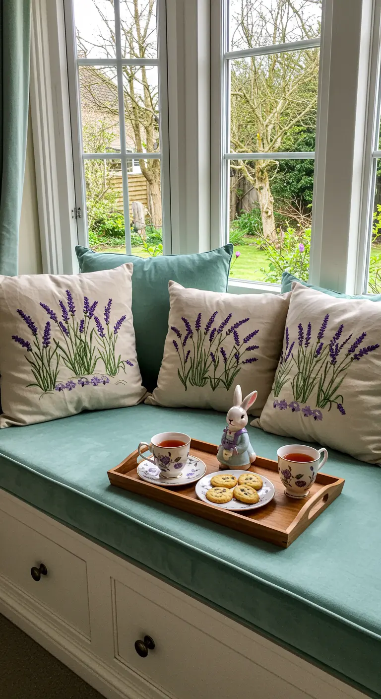 A cozy window seat with a mint cushion and lavender embroidered pillows.