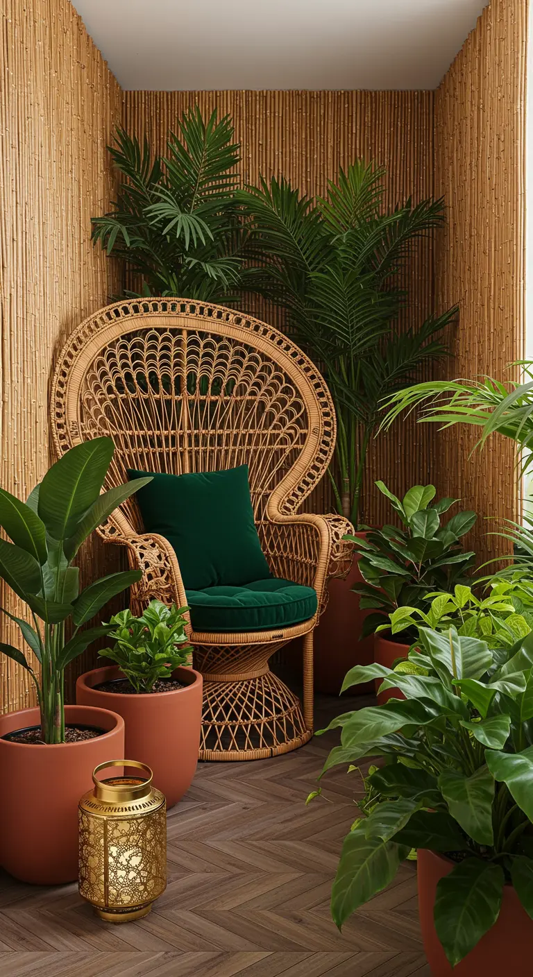A rattan peacock chair with an emerald green cushion, surrounded by lush plants in terracotta pots.