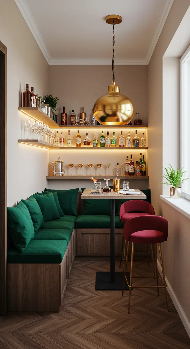 A cozy balcony bar nook with emerald green banquette seating, red stools, and backlit shelves.