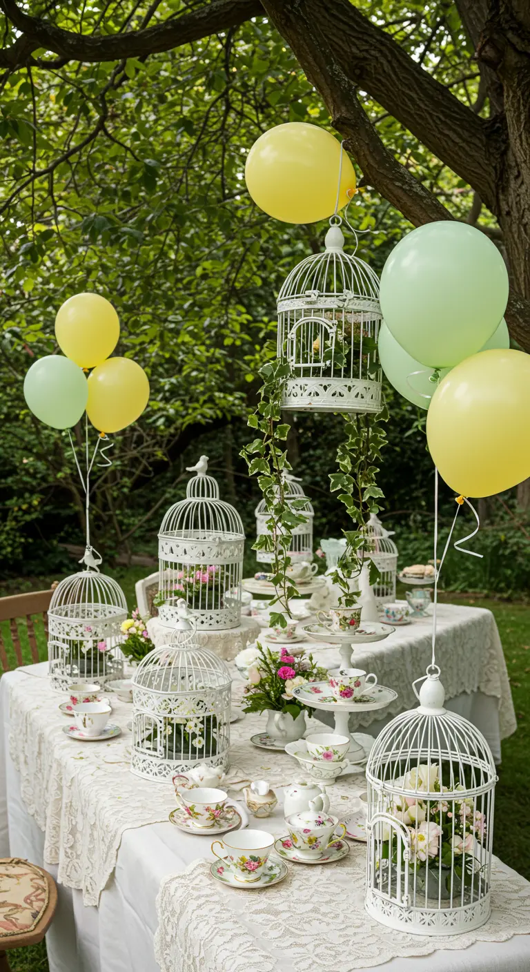 Tea party table decorated with white birdcages used as centerpieces.