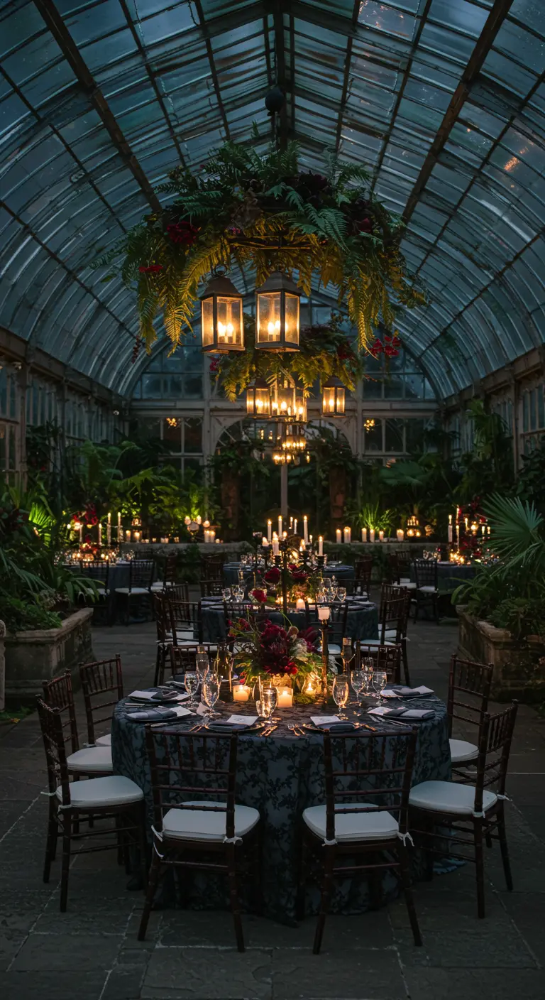 A party set in a glass conservatory with lush plants, hanging lanterns, and candlelit tables.