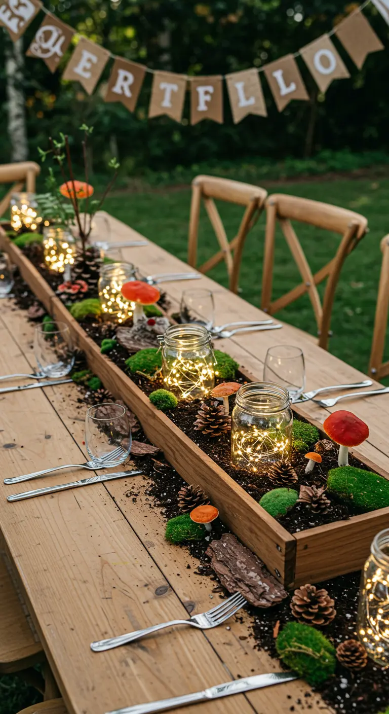 A wooden planter centerpiece with moss, mushrooms, and glowing mason jars.