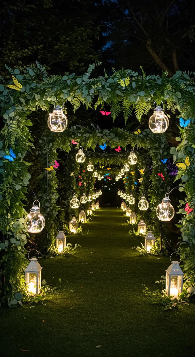 A magical garden path under a greenery archway lit by hanging lights and lanterns.