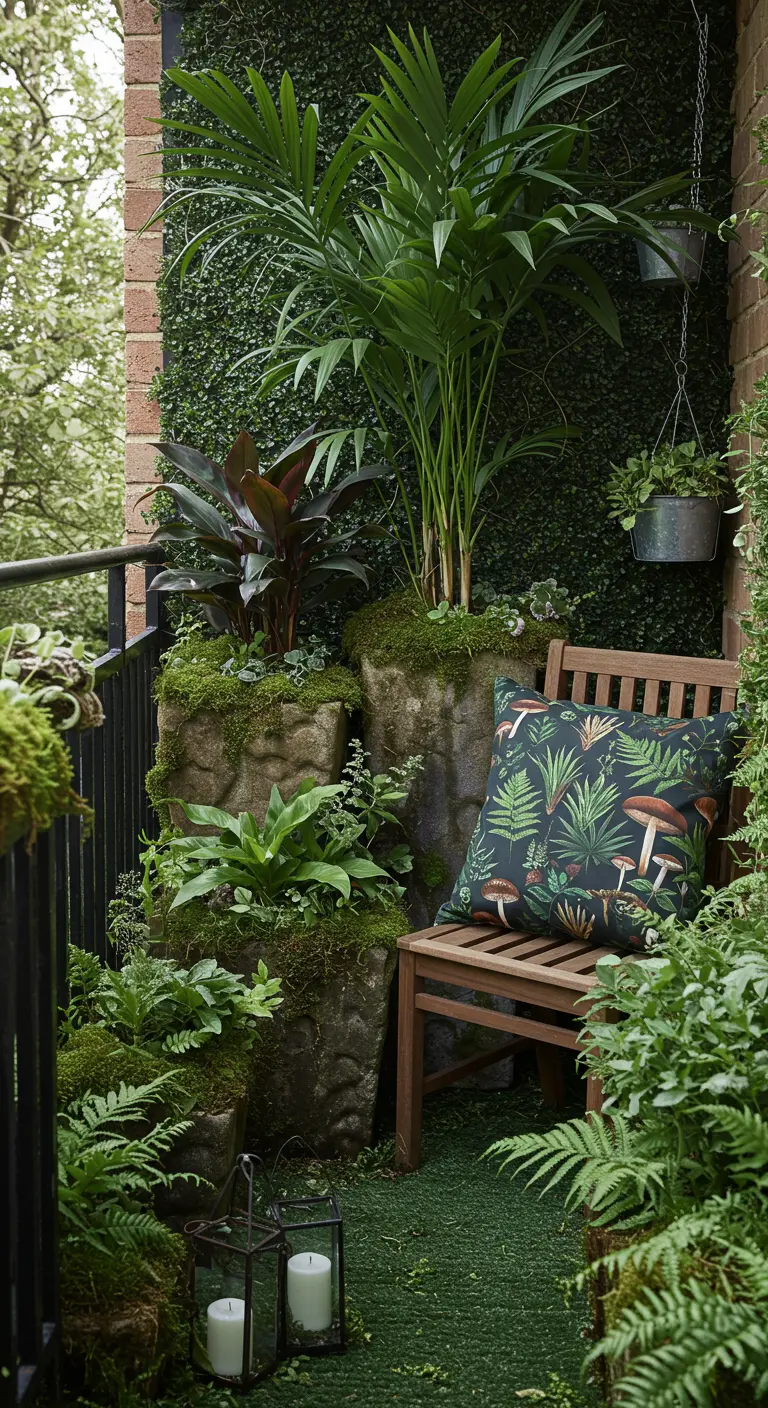A whimsical balcony with faux stone planters, a mossy floor, and a mushroom-print pillow.