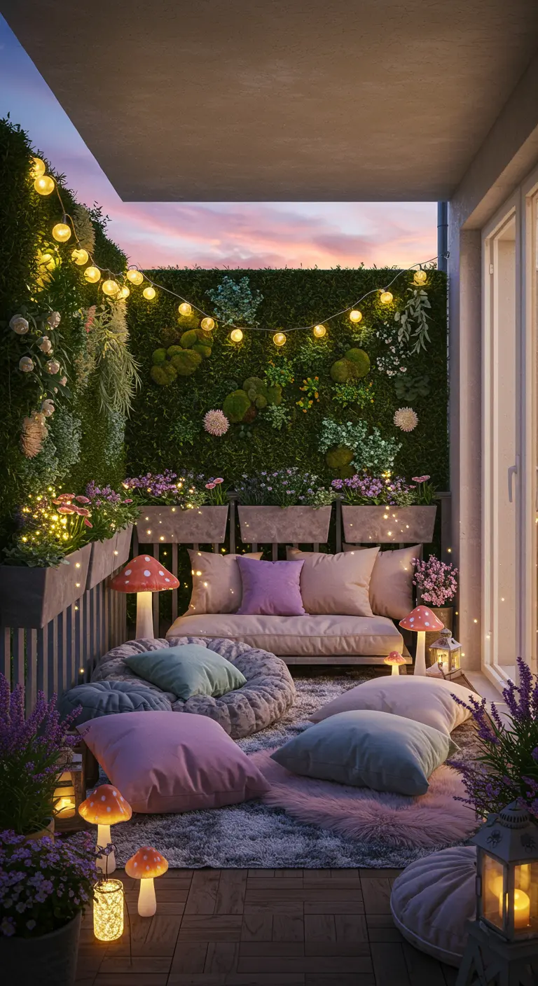 A magical, whimsical balcony filled with lush greenery, mushroom lights, and soft pillows.