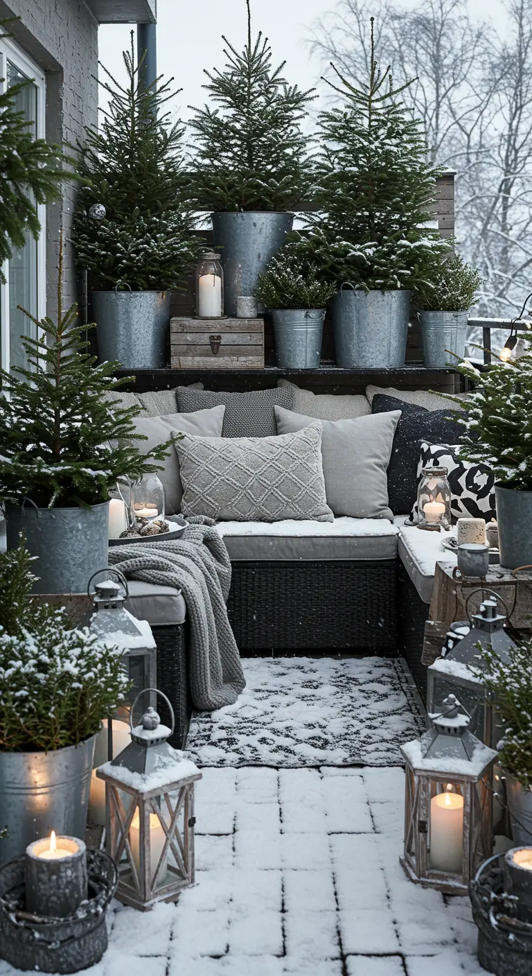 A cozy balcony bench surrounded by a forest of small conifers in metal buckets.
