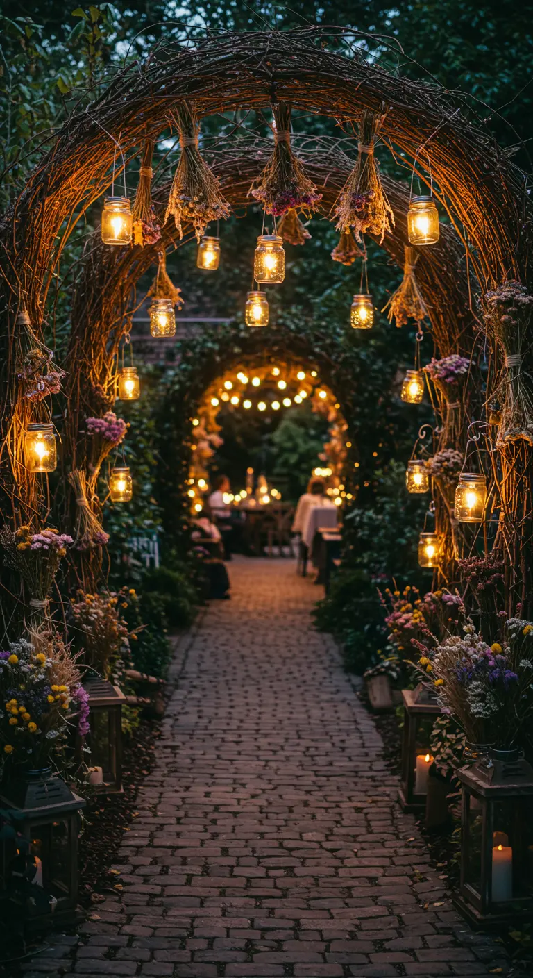 A rustic branch archway decorated with hanging dried flowers and glowing mason jar lanterns.