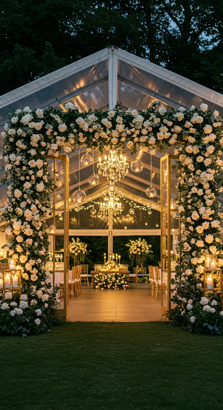 A grand floral archway of white roses at the entrance to a wedding tent, lit by candles and a chandelier.