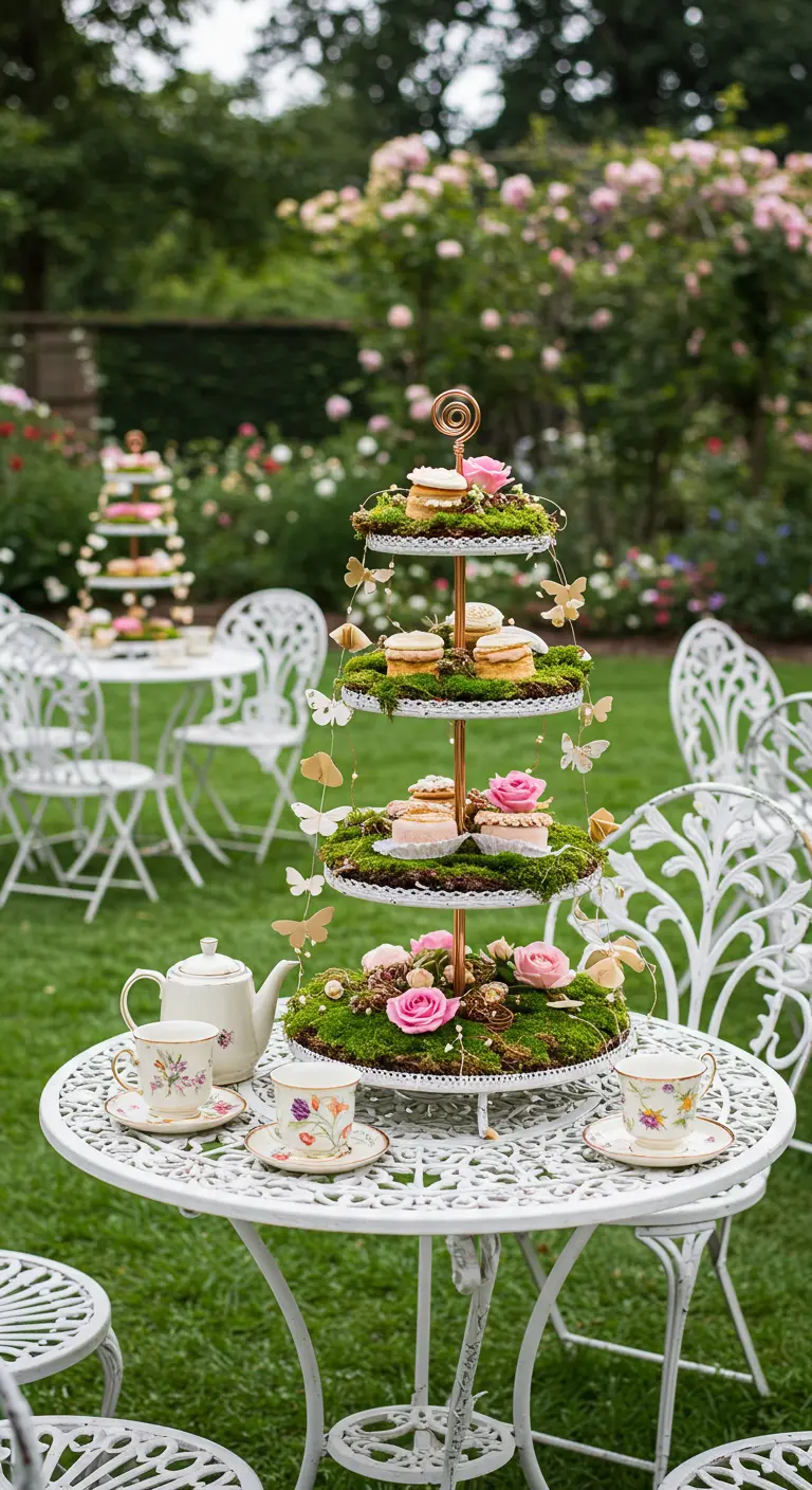 A tiered dessert stand decorated with moss, pink roses, and small butterflies.