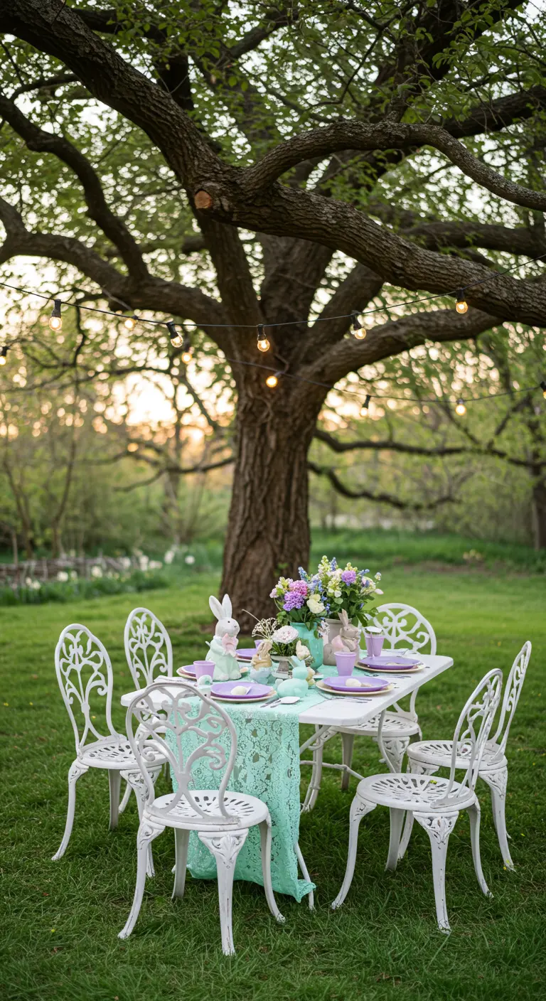 Outdoor Easter table set under a tree with a mint lace runner.