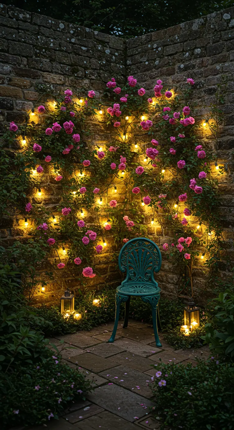 A single ornate teal chair sits before a stone wall covered in climbing pink roses and string lights.