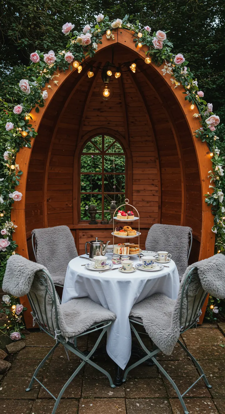 A wooden garden pod decorated with roses, set for afternoon tea with a white tablecloth.