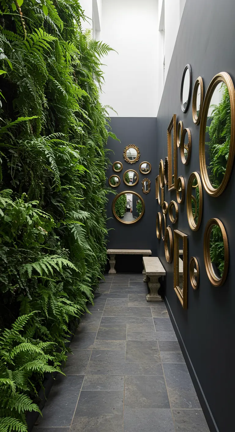 A narrow corridor with a fern wall on one side and a dark gray wall with many gold mirrors on the other.