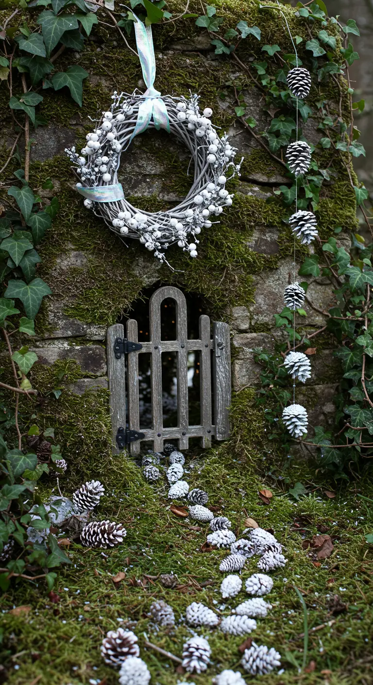 A tiny fairy gate in a mossy wall with a white wreath and a path of snow-dusted pinecones.