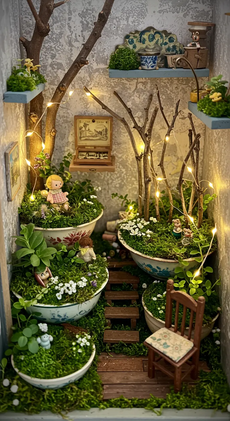 A close-up of a miniature fairy garden built inside vintage bowls with tiny furniture and lights.