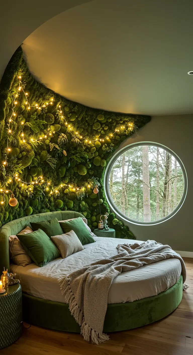 A bedroom with a curved moss wall studded with fairy lights around a round bed.