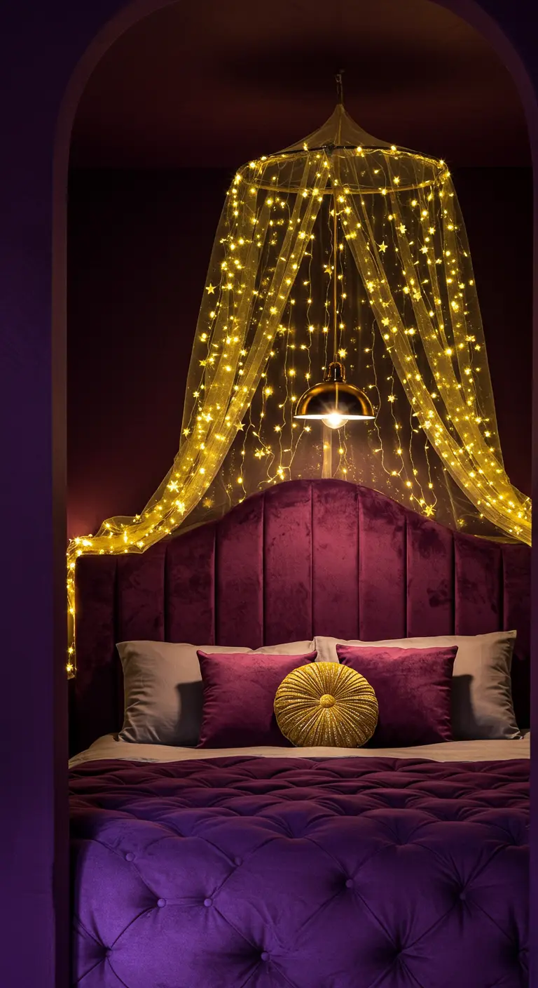 Close-up of a magenta velvet bed with a fairy light canopy creating a magical glow.