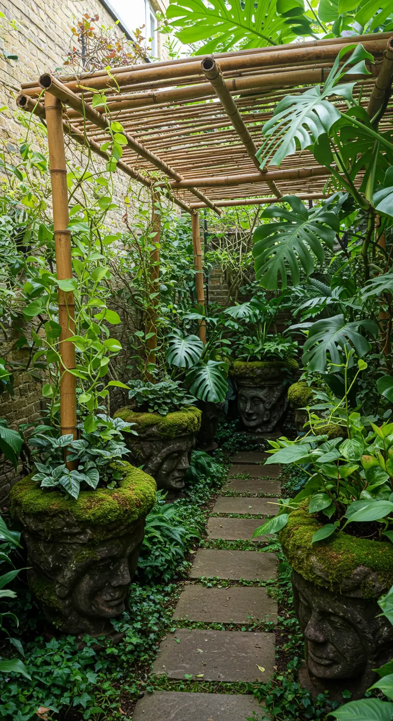 Narrow garden path under a bamboo pergola, lined with mossy head-shaped planters filled with ivy.