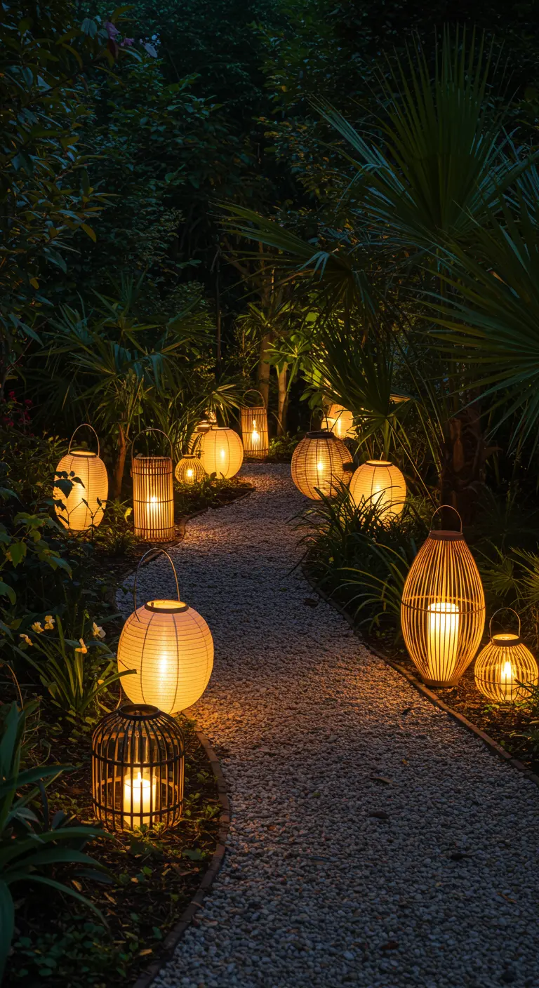 A winding gravel garden path at night, lit by a variety of glowing paper and bamboo lanterns.