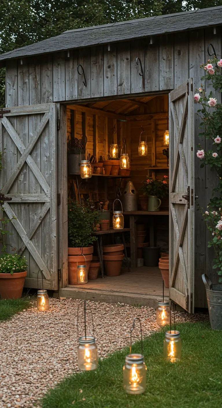 A rustic wooden potting shed with its doors open, illuminated by mason jar fairy lights.