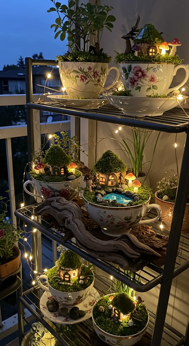A multi-tiered shelf on a balcony filled with glowing teacup fairy gardens at twilight.