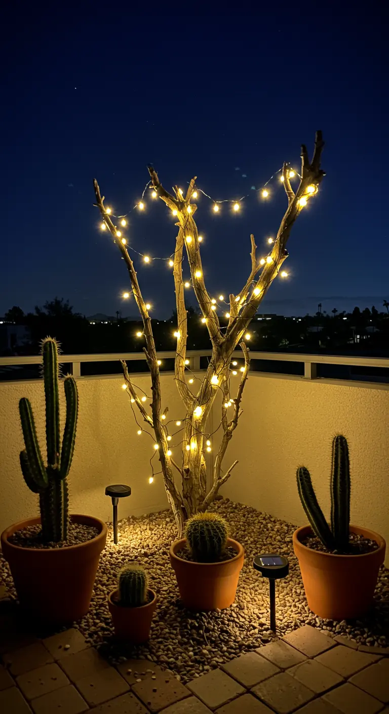 A bare, branching tree in a pot is decorated with fairy lights on a balcony at night.