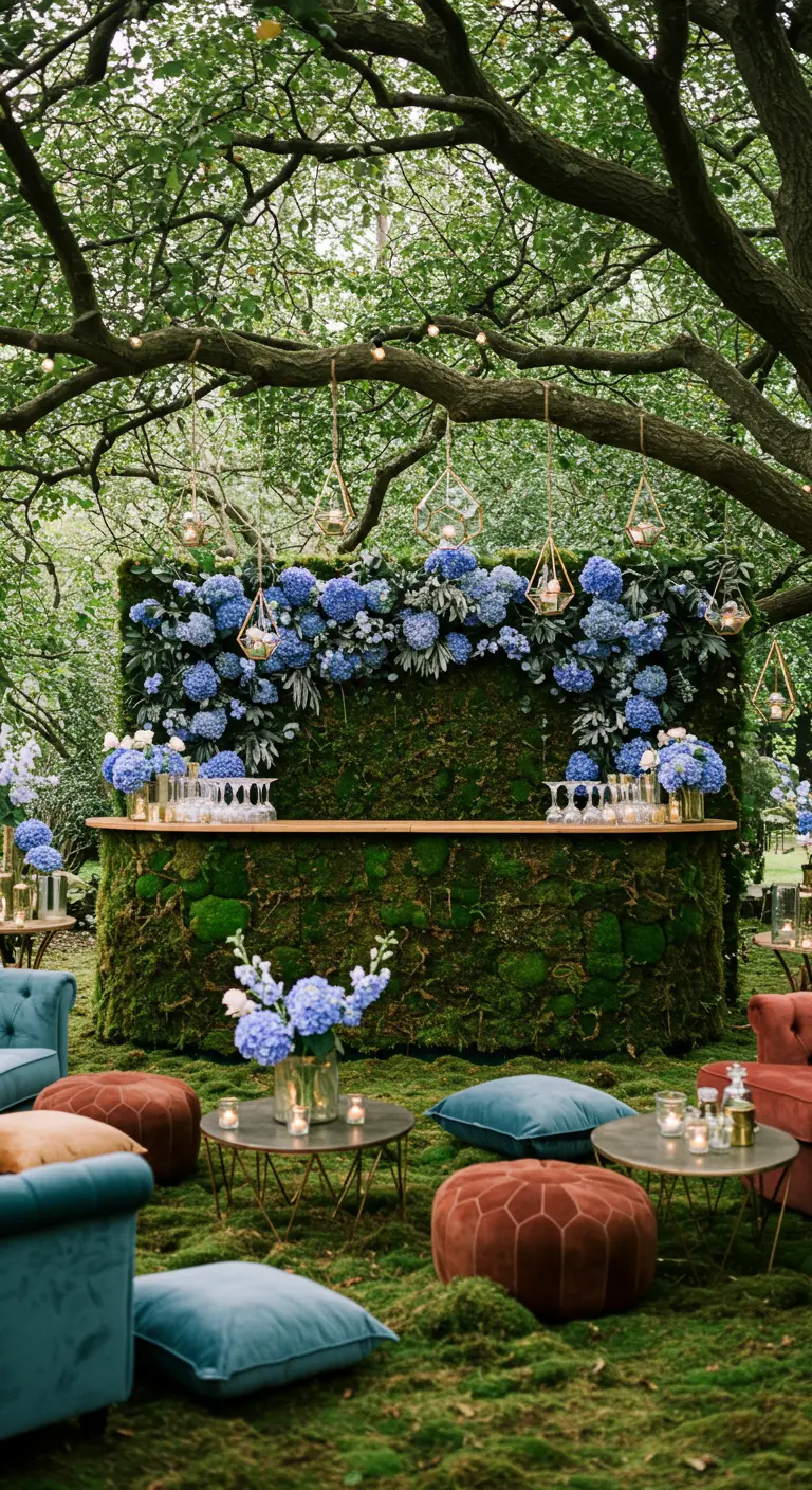 A wedding bar covered in moss and topped with blue hydrangeas, set up in a lush garden.