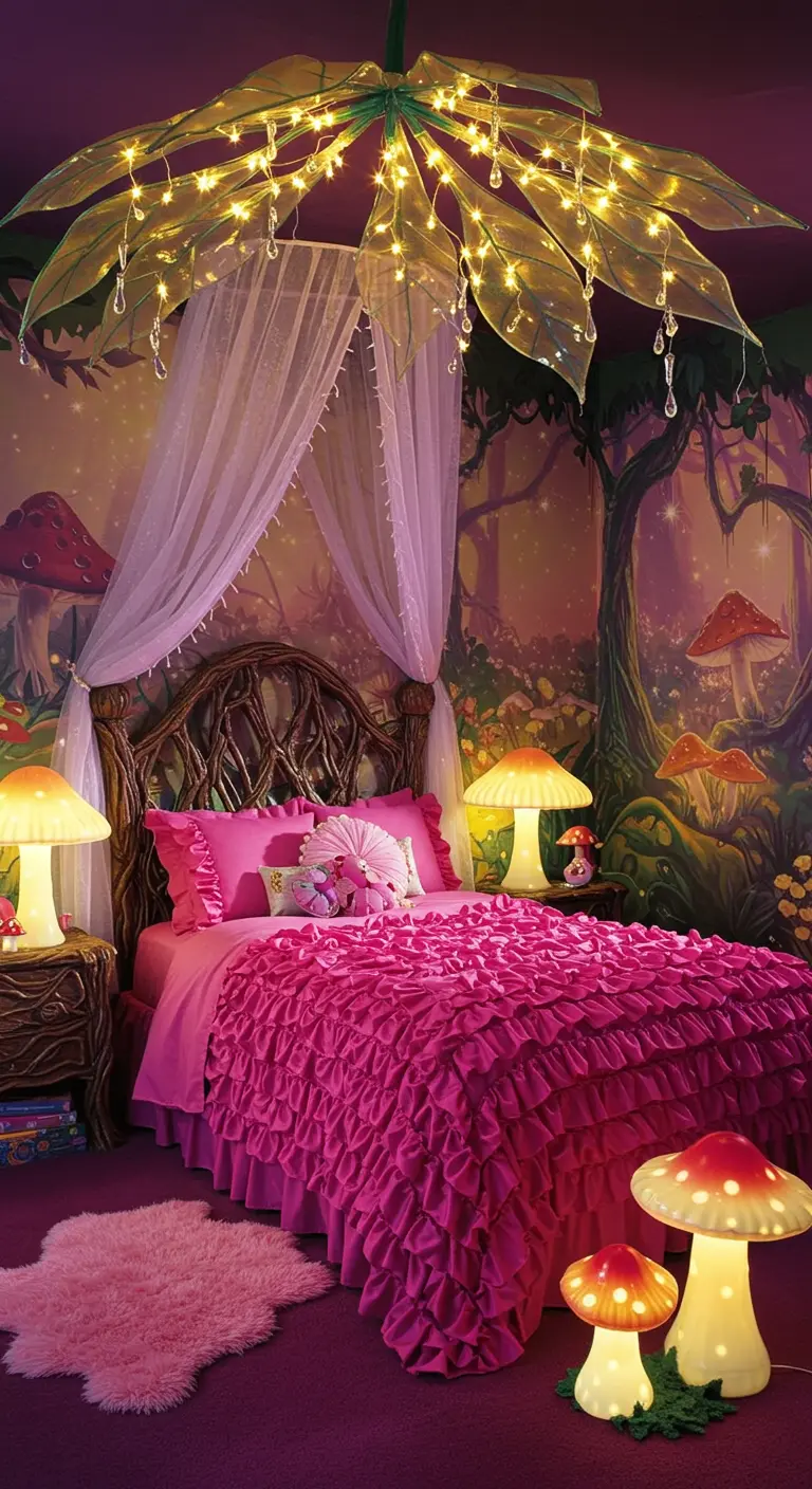 Child's bedroom with a leaf canopy, mushroom lamps, and pink ruffled bedding.