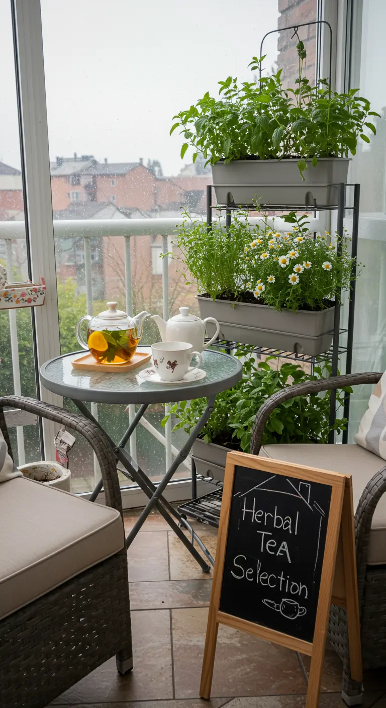 An enclosed balcony with a tiered stand of herbs for tea, including chamomile and mint.