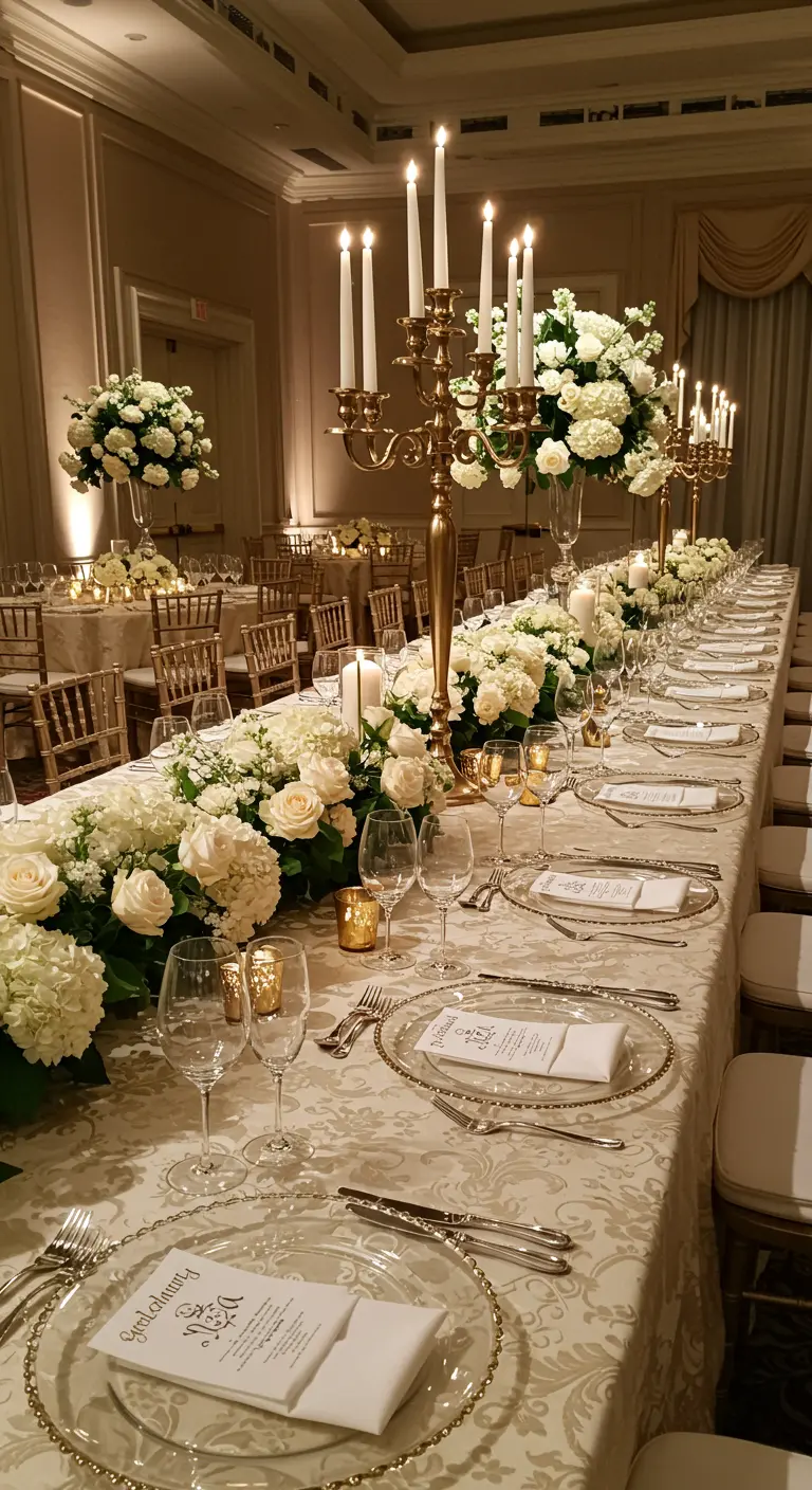 A long, elegant banquet table set with white flowers and gold candelabras.