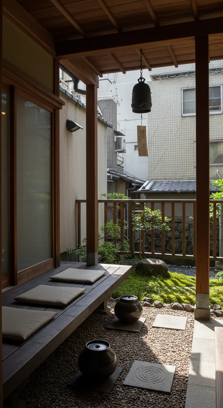 A Japanese-style veranda with a low bench, cushions, and a traditional wind bell.