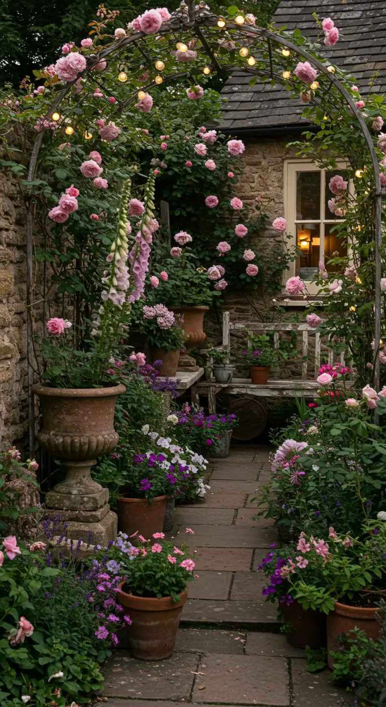 A stone pathway leading through a lush cottage garden arch covered in pink roses.
