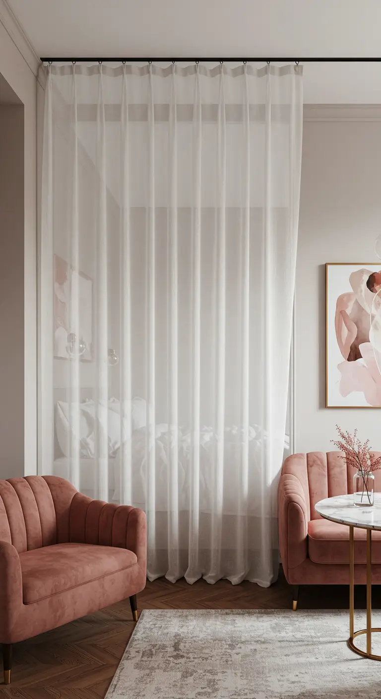 Sheer white curtains on a ceiling track enclose a bed, separating it from the living area.