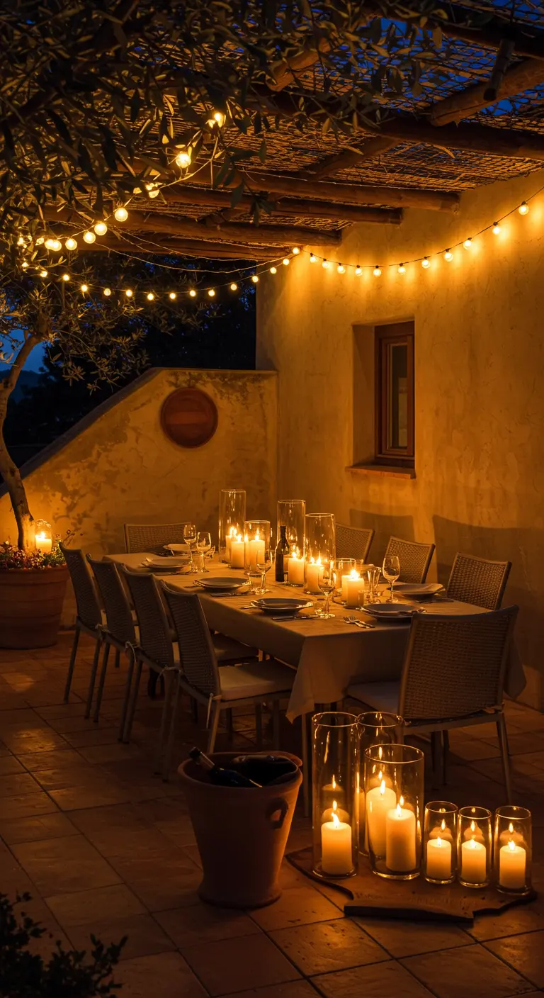 An outdoor dining table at night, illuminated by string lights and numerous candles in glass vases.