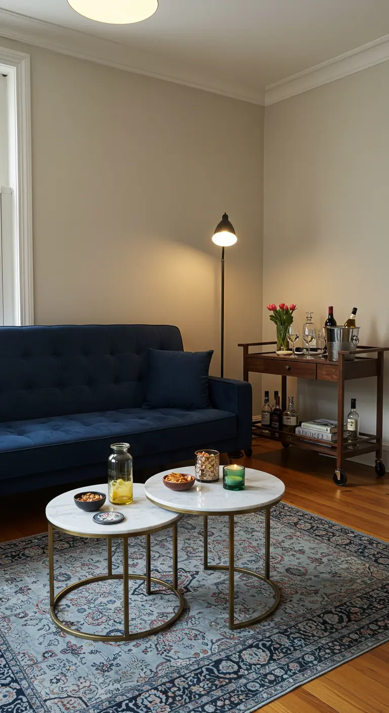 A living room with a blue sofa, round nesting tables, and a wooden bar cart.