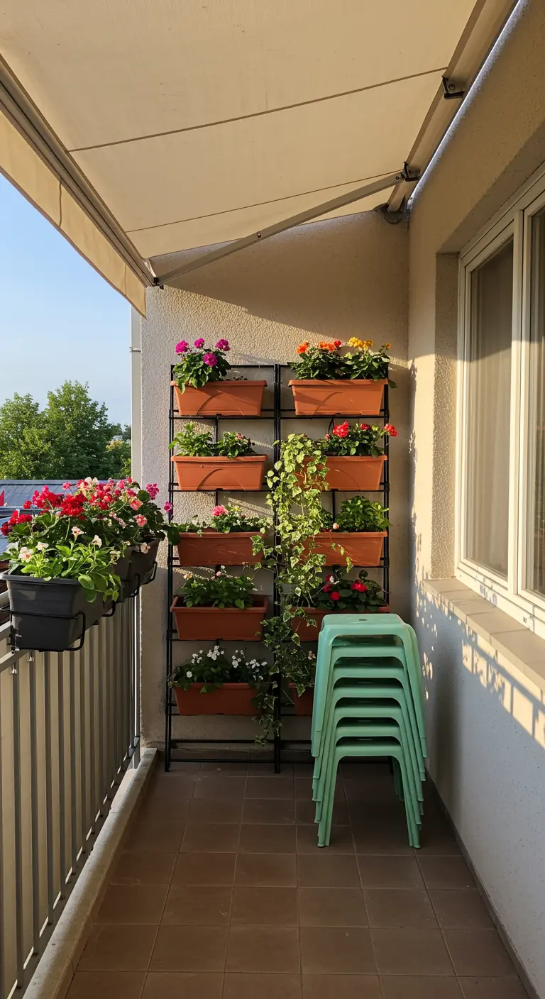 A sunny balcony with a tall black rack holding terracotta planters filled with colorful flowers.
