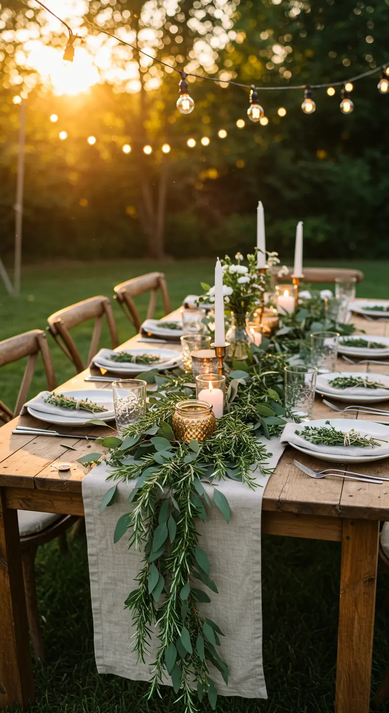 A long wooden table set for a garden party at sunset with a lush rosemary and eucalyptus runner.