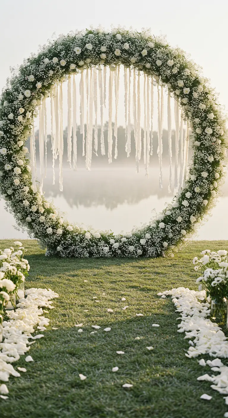 A large circular wedding arch of white flowers and ribbons overlooking a lake at sunset.
