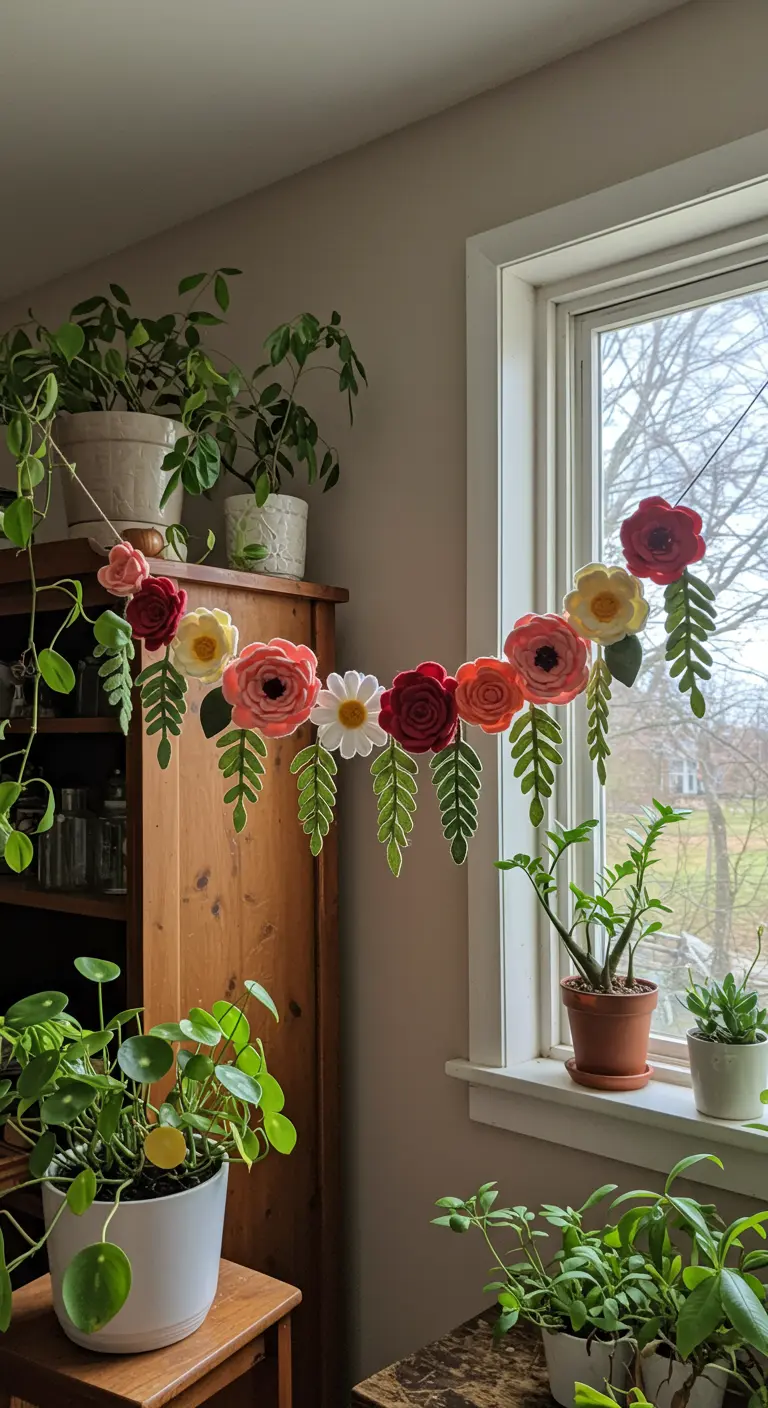 A colorful garland of handmade felt flowers and leaves