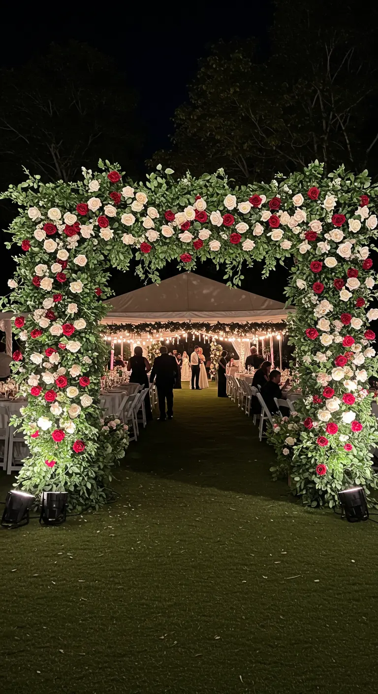 A massive wedding arch covered in greenery, white roses, and red roses at night.