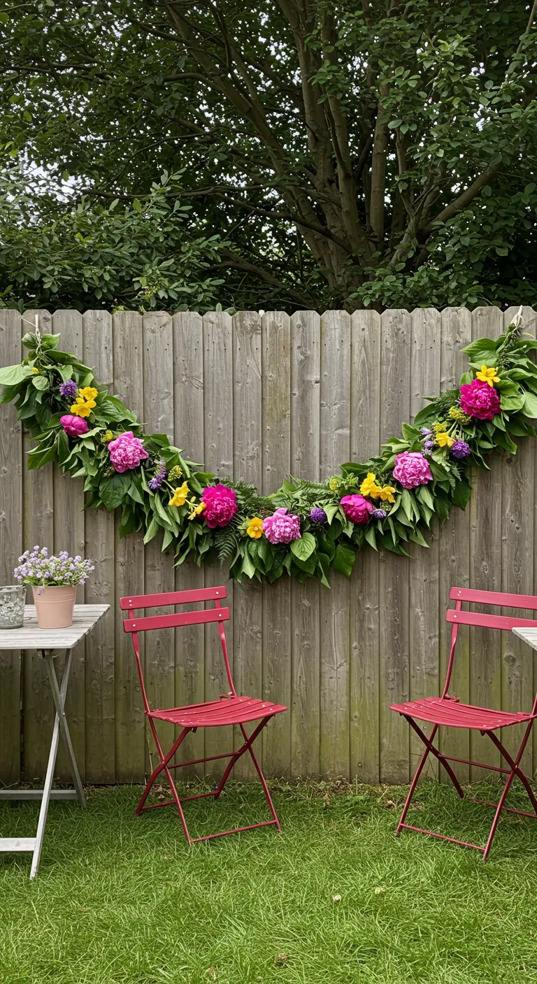 A lush garland of greenery and pink and yellow flowers draped elegantly across a wooden garden fence.