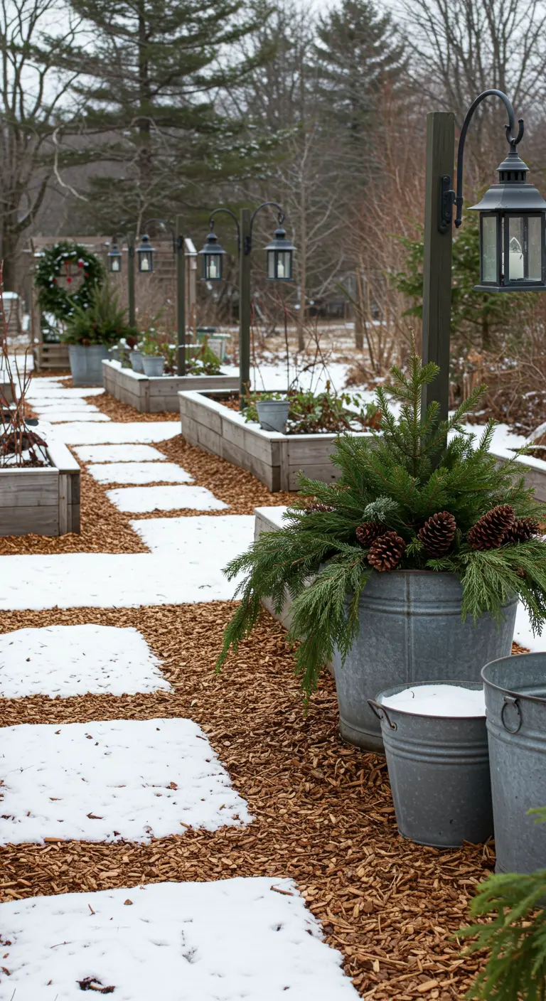 A wood chip path with snow patches, lined with galvanized buckets full of winter greens.