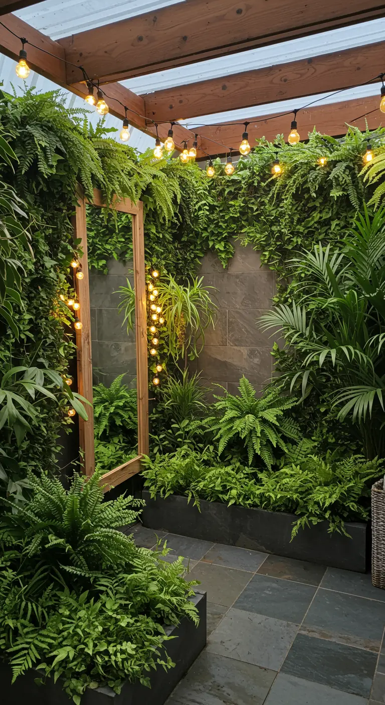 A dense wall of ferns and greenery in a small patio, with a mirror nestled within the plants.
