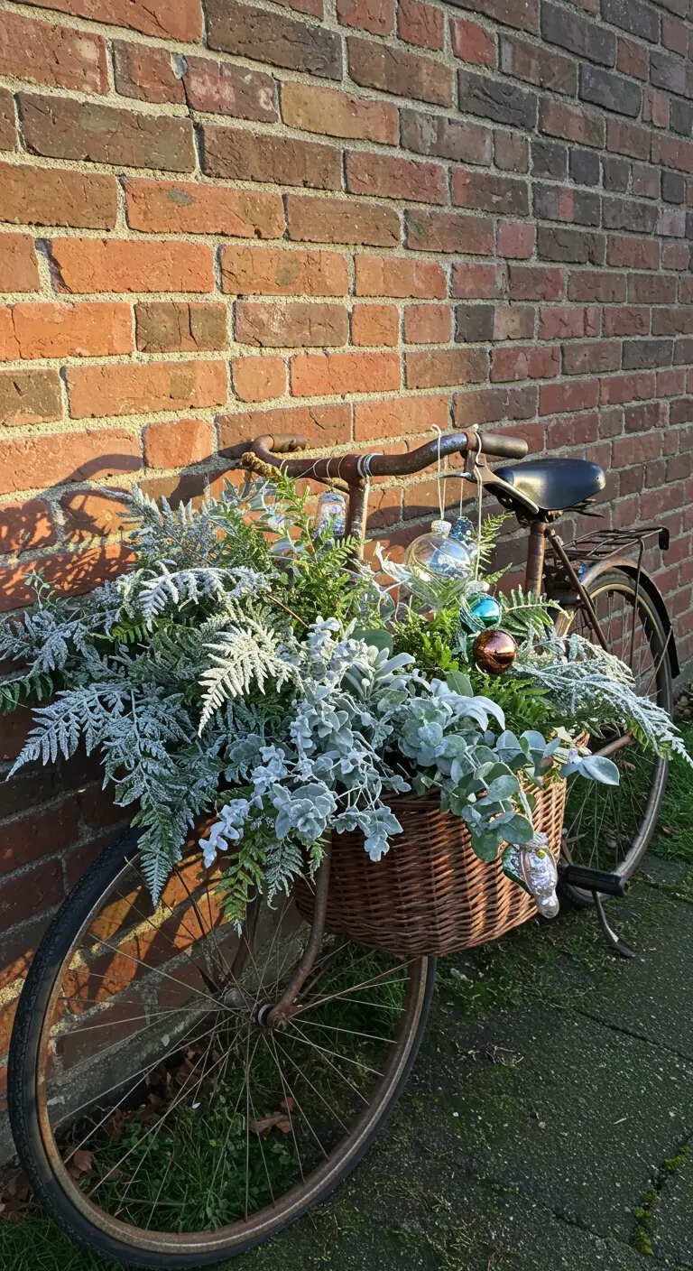 A vintage bicycle with its front basket filled with frosted greenery and baubles.