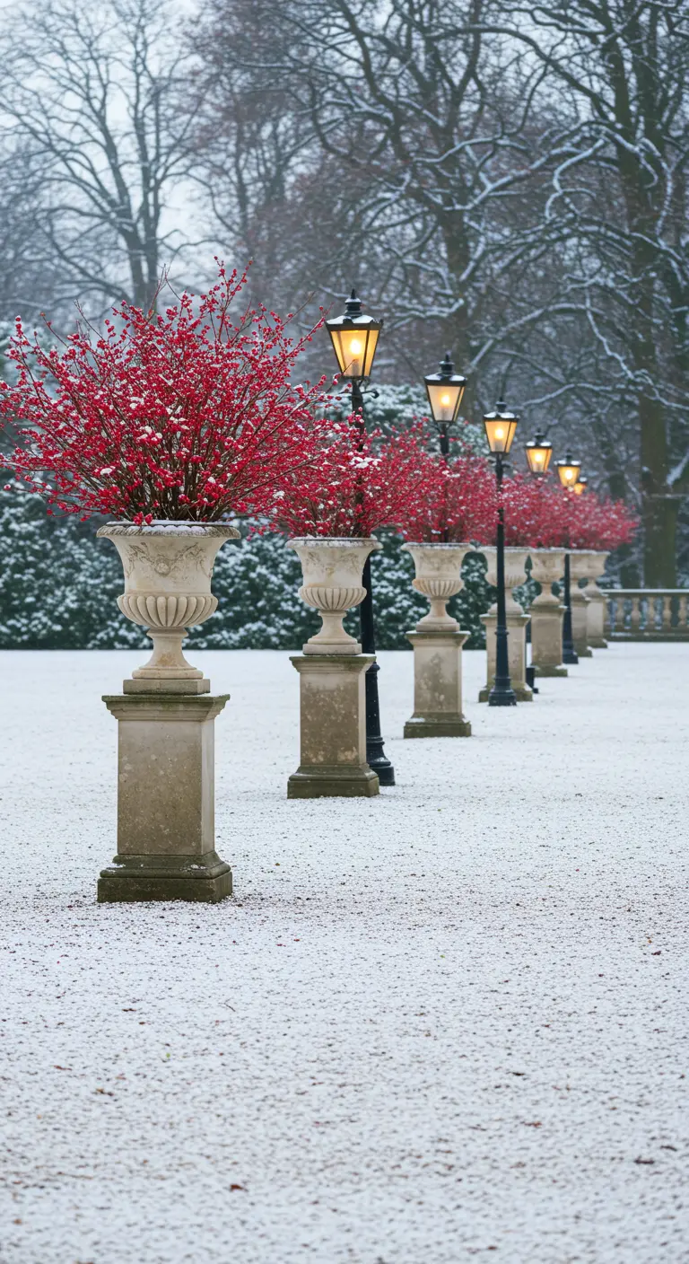 A snowy park path lined with stone urns filled with bright red dogwood branches.