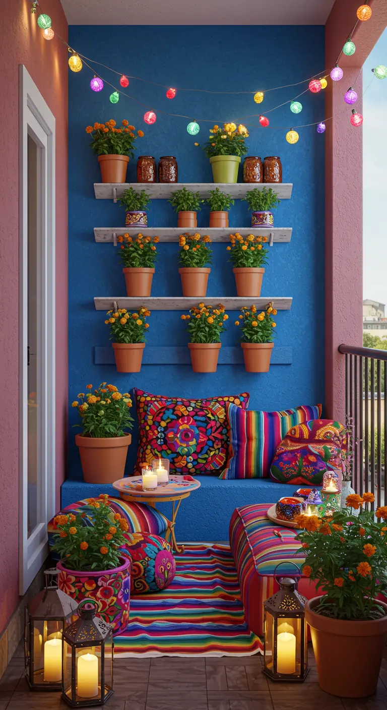 A colorful balcony with a blue wall, shelves of marigolds, and brightly patterned cushions.