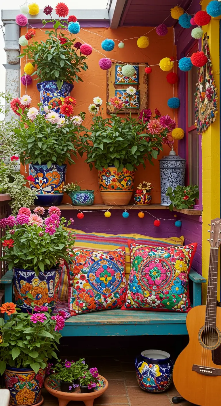 A vibrant, colorful balcony with painted furniture, embroidered cushions, and bright flowers.