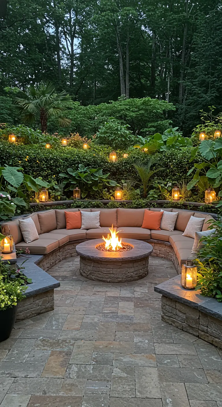 A curved stone seating area surrounds a fire pit, with lanterns nestled in the garden.